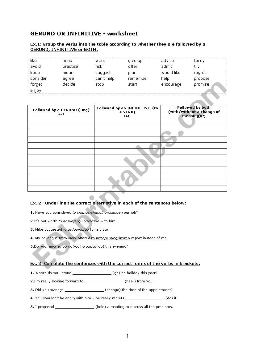 Gerund or infinitive worksheet