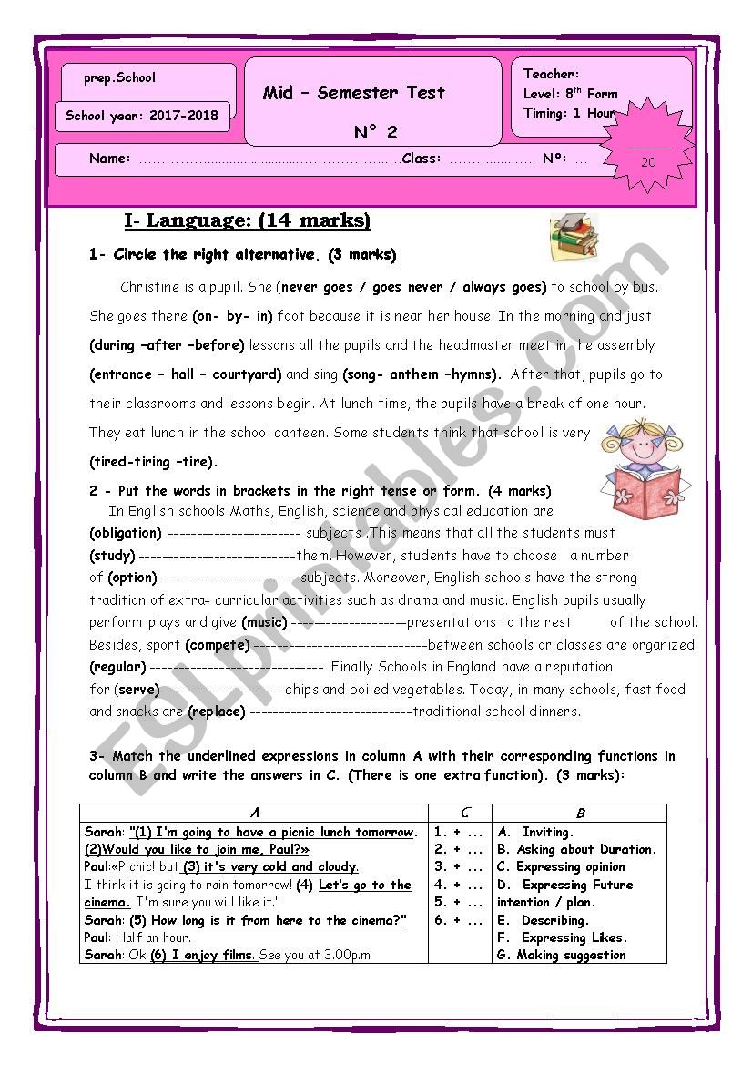 MID SEMESTER TEST 2 8TH FORM worksheet