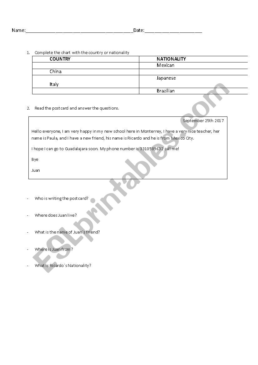 coutries and nationalities  worksheet