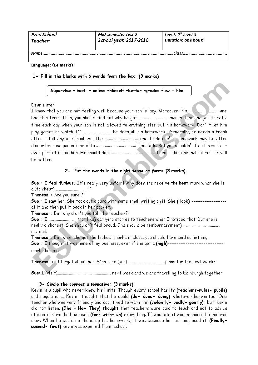 mid sem1 test 2 9th form worksheet