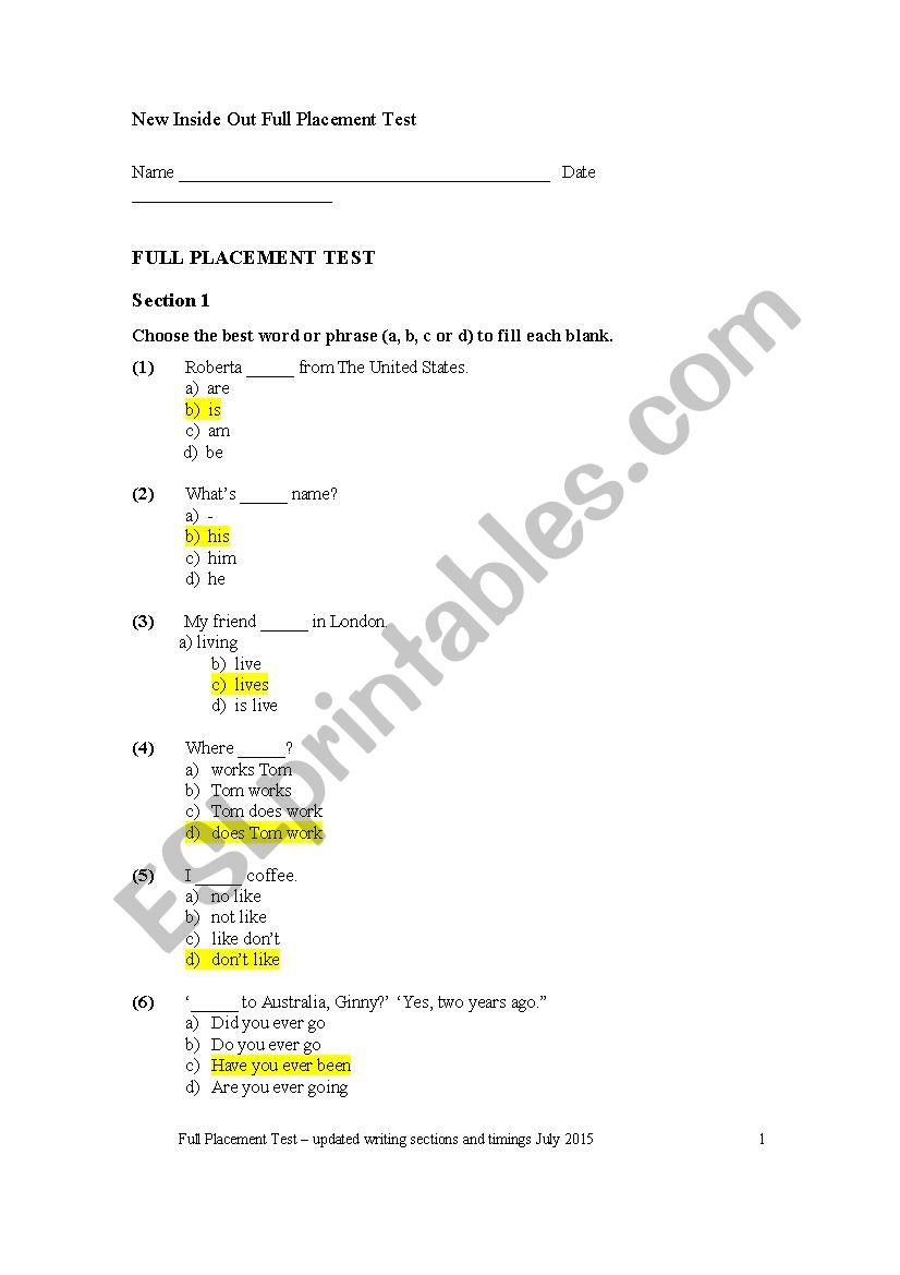 Placement test worksheet