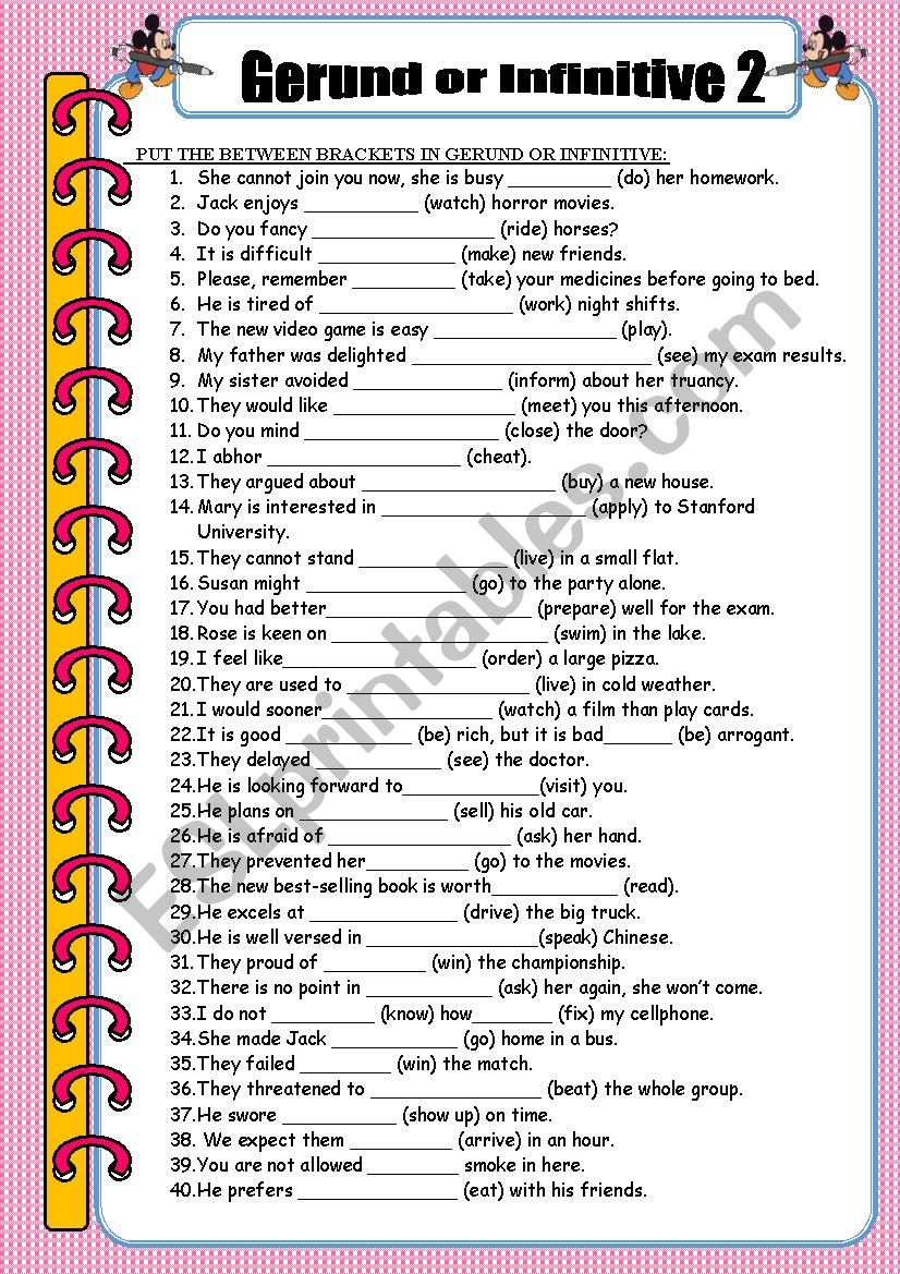 Gerund or infinitive worksheet