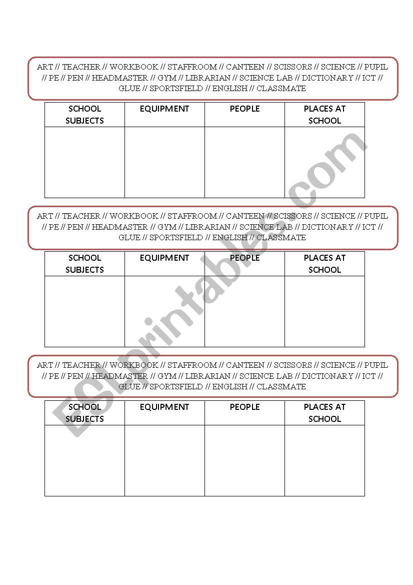 school things grid worksheet