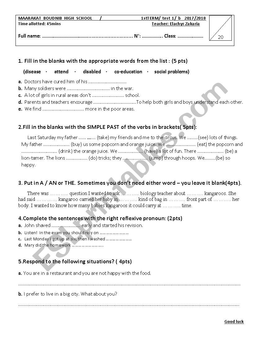 test 1st bac worksheet