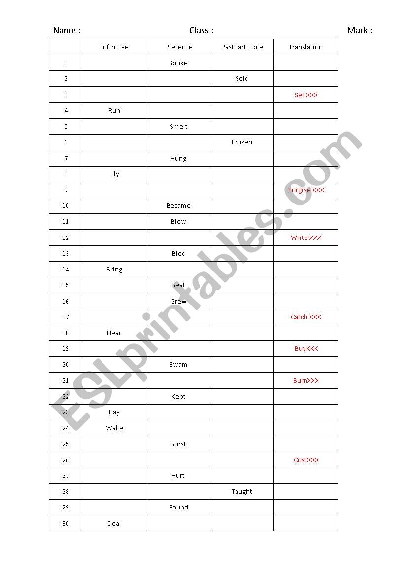 Irregular Verbs worksheet