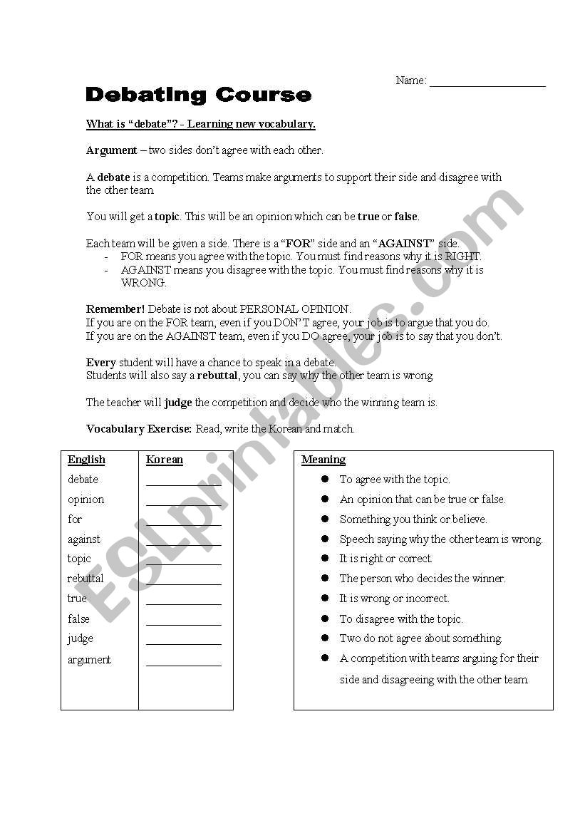 Debate course Introduction worksheet