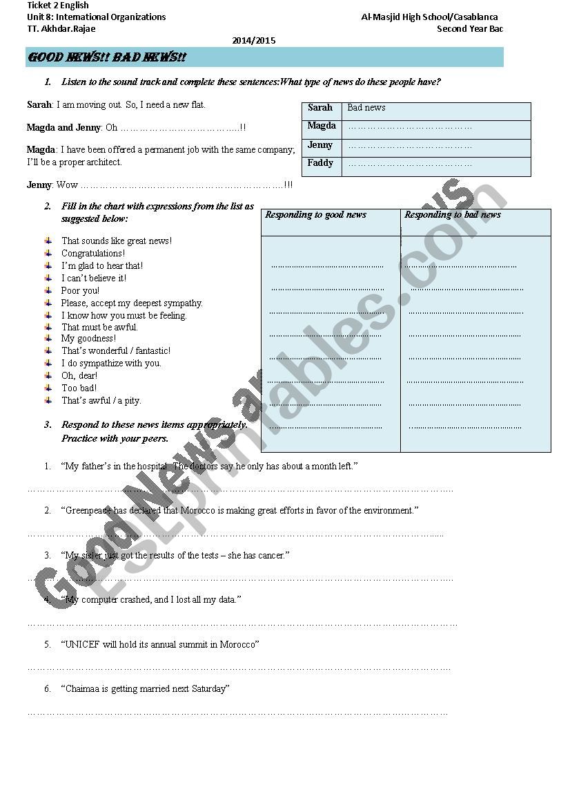 Good and Bad News worksheet