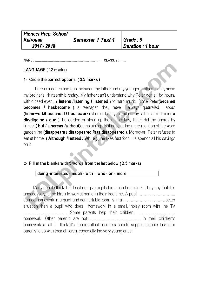 SEMESTER1 TEST 1 GRADE 9 worksheet