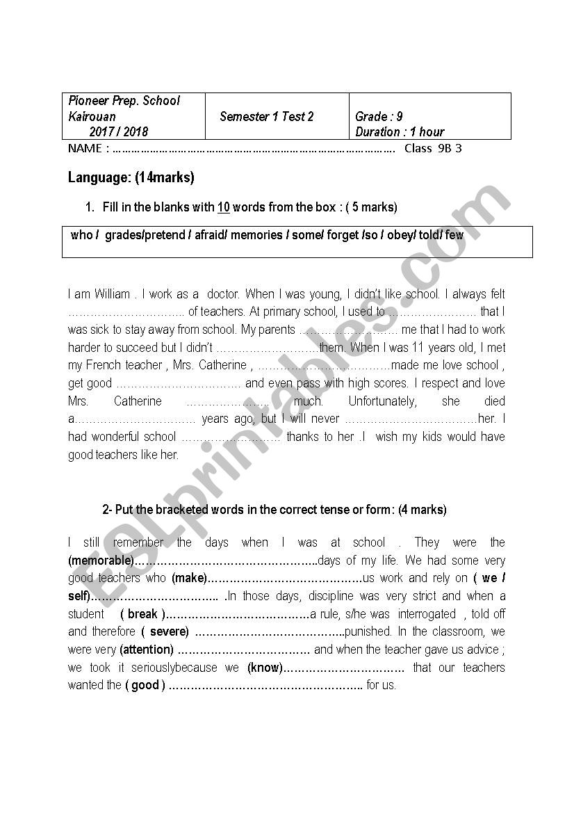 SEMESTER1 TEST 2 GRADE 9 worksheet