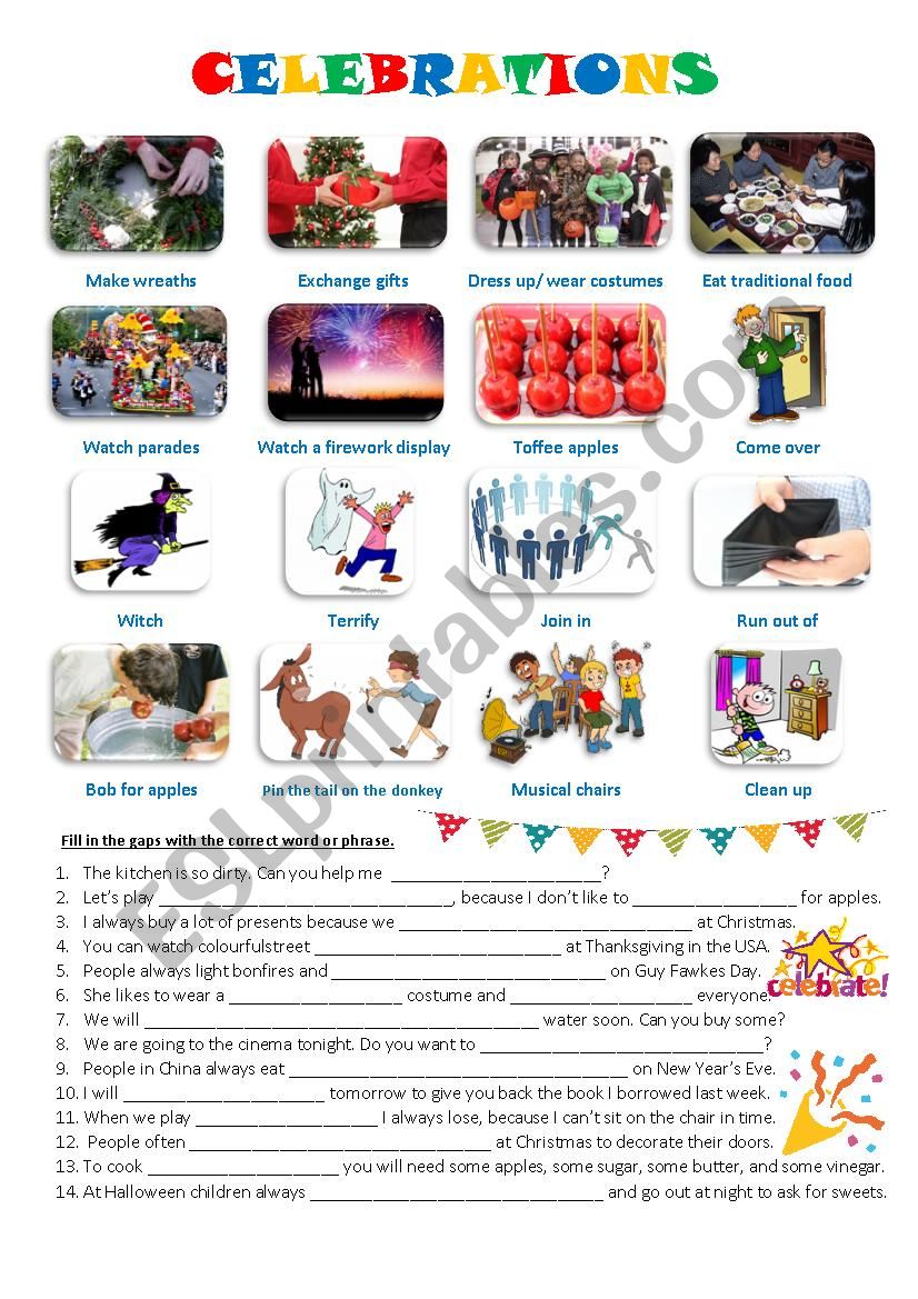 Celebrations vocabulary flashcards + exercise