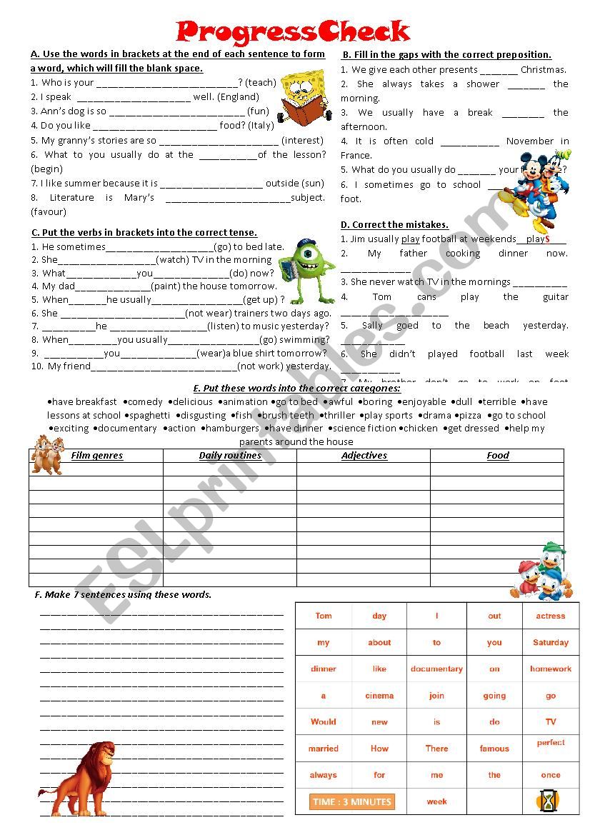 Progress Check + Keys (word formation, present simple, present continuous, past simple, future simple, prepositions, vocabulary revision)