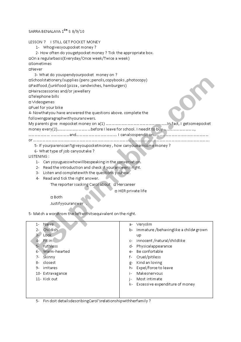 LESSON 7 PO MONEYCKET  worksheet