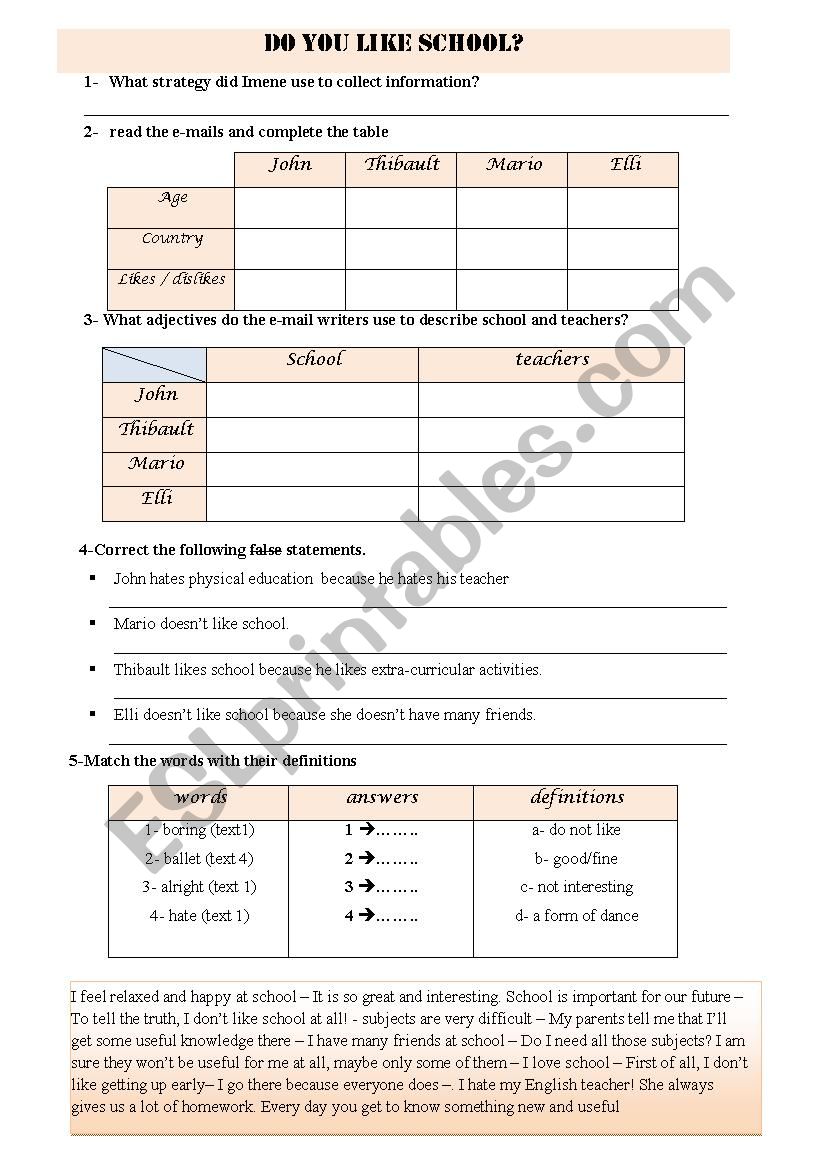 DO YOU LIKE SCHOOL? worksheet