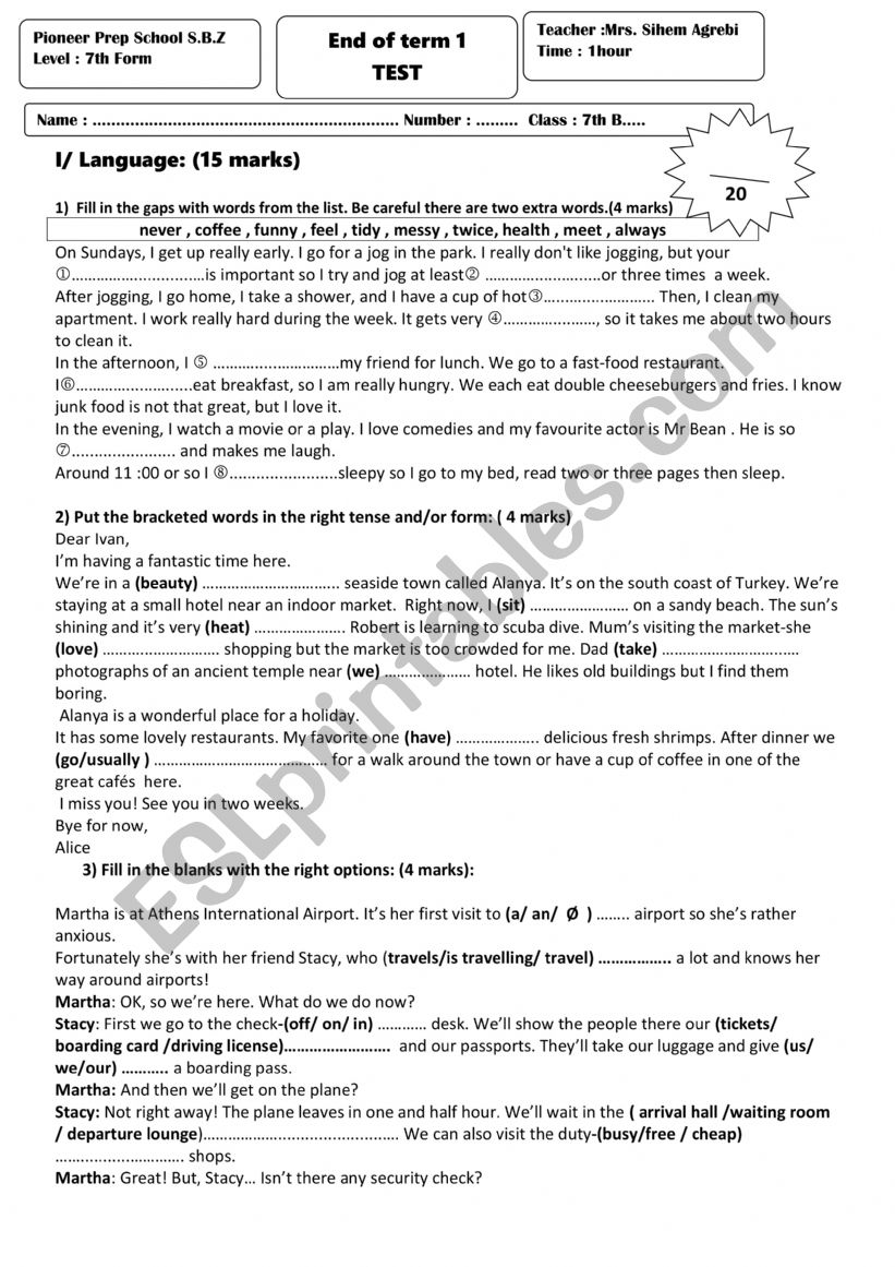 end of term 1 test 7th form (moules 1 and 2 )