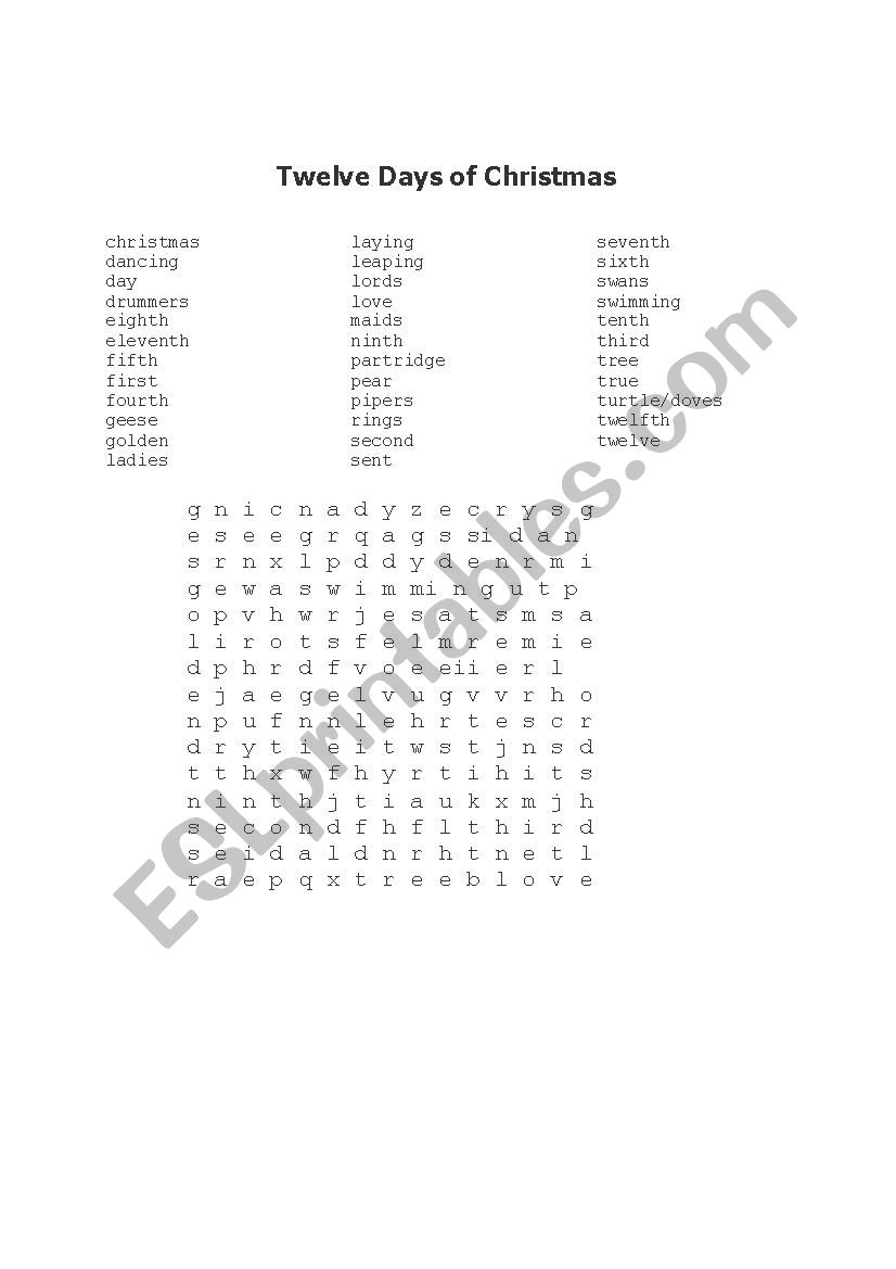 Twelve Days of Christmas Word Search