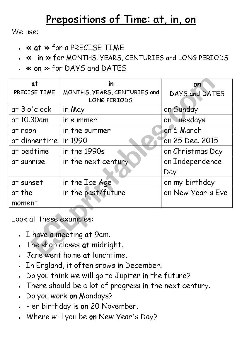 Prepositions of Time worksheet