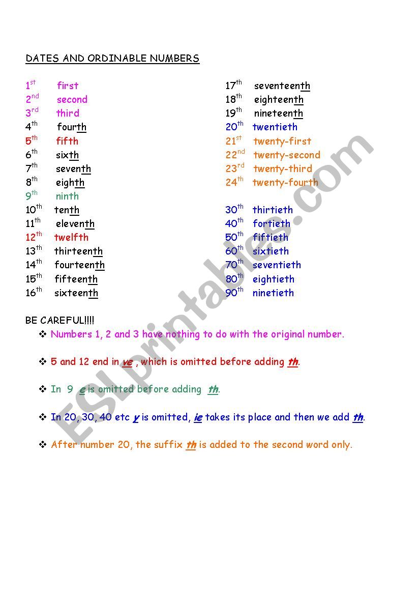 ORDINAL NUMBERS AND DATES worksheet