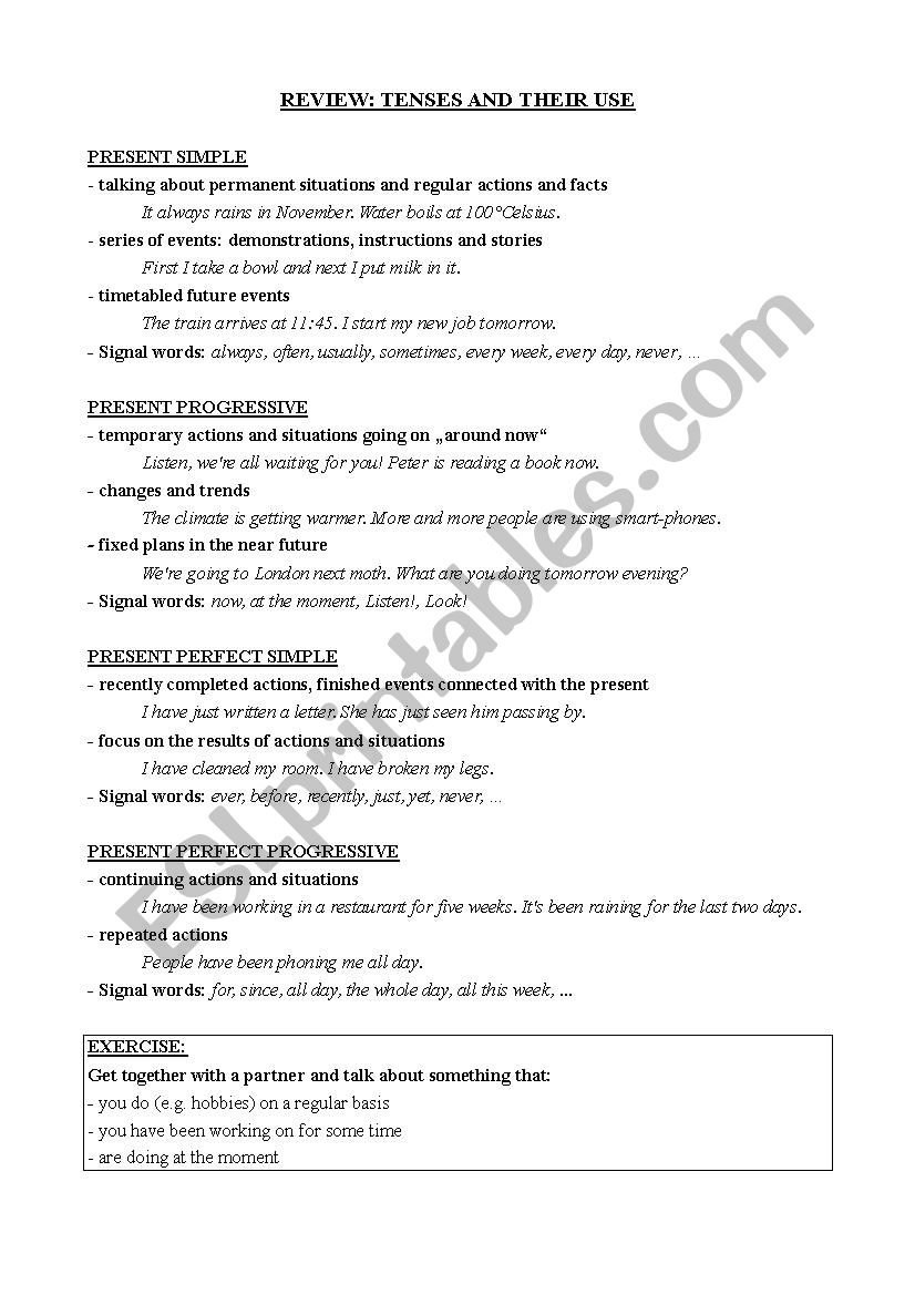 TENSES and their USE worksheet