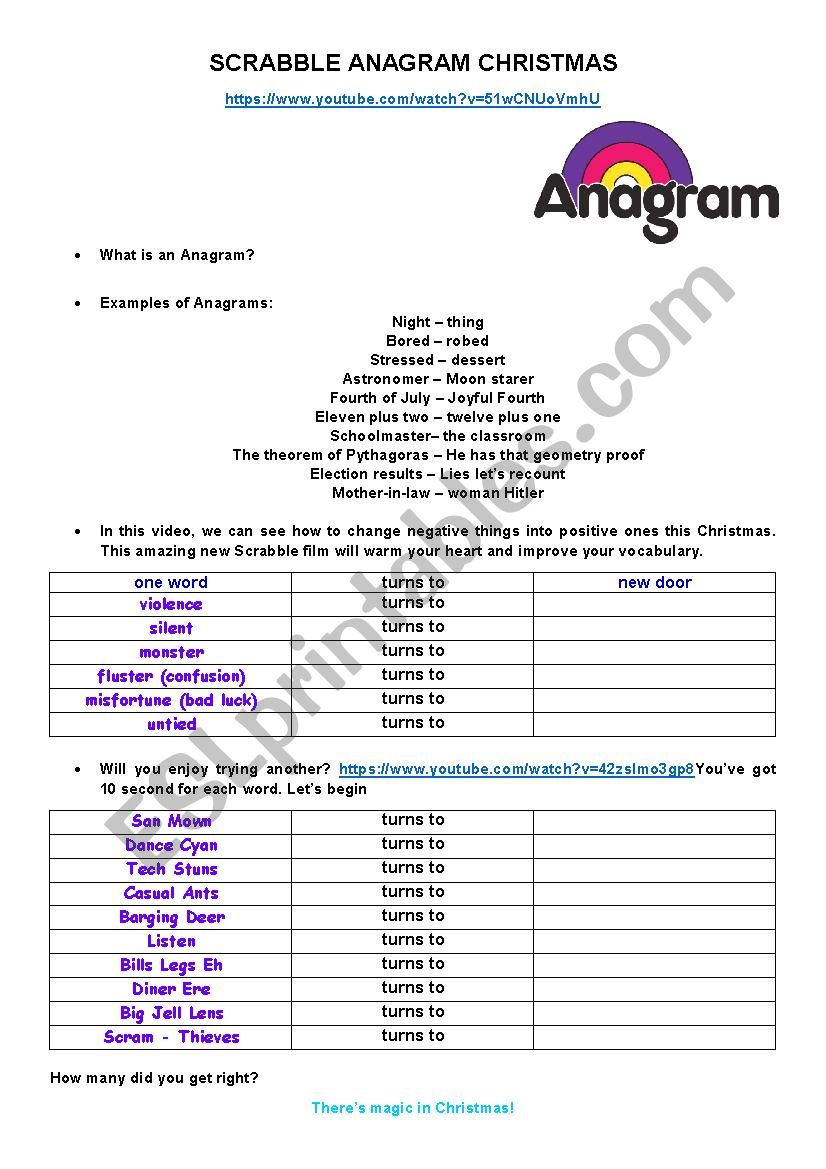 CHRISTMAS ANAGRAM SCRABBLE worksheet