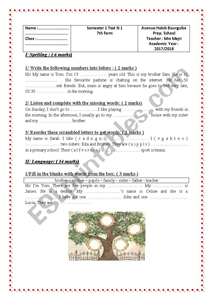 semester 1 test n1 7th form worksheet
