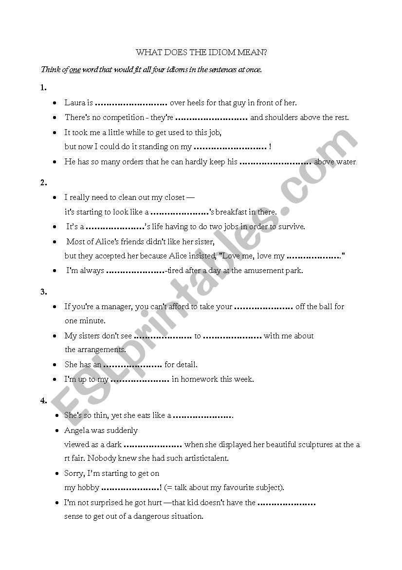 Idioms: 4 words for 4 idioms worksheet
