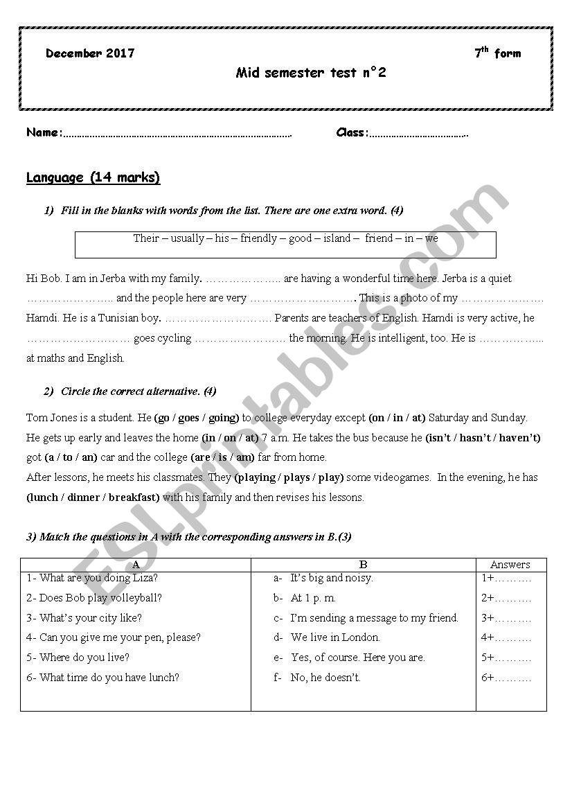 7th form test n2 worksheet