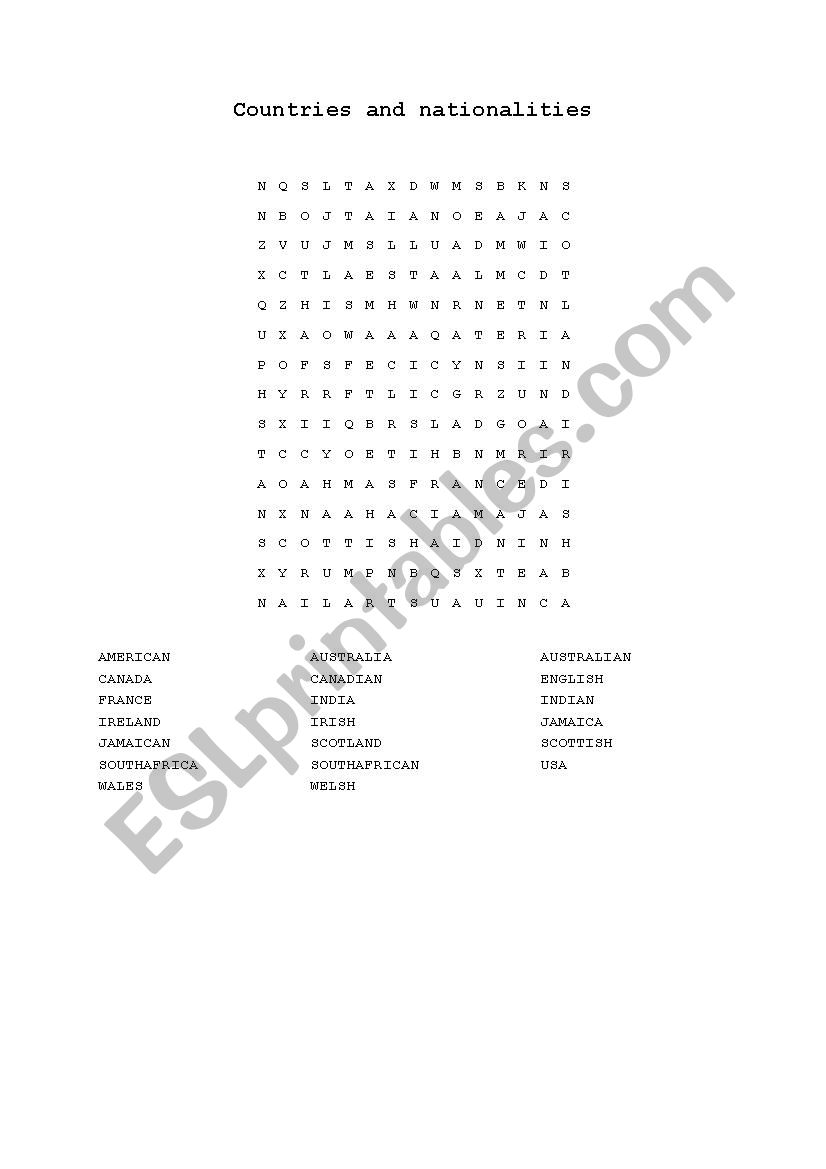 countries and nationalities worksheet