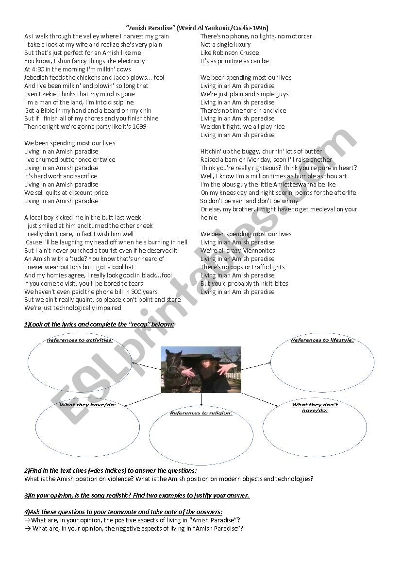 Song: Amish Paradise worksheet
