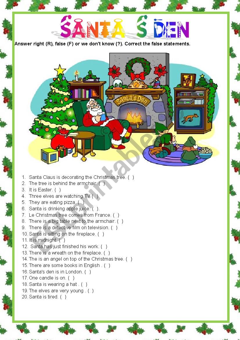 Santas den worksheet