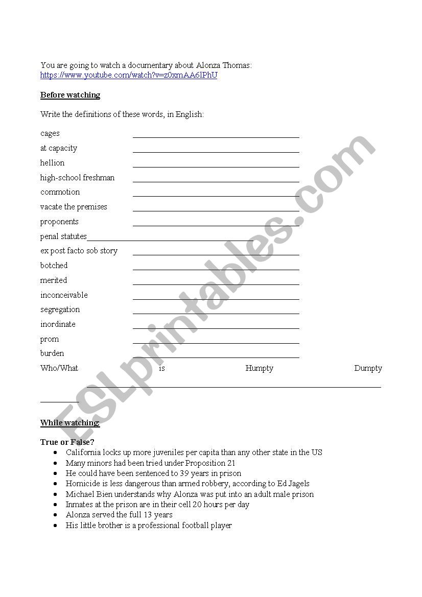 Juveniles in adult prison worksheet