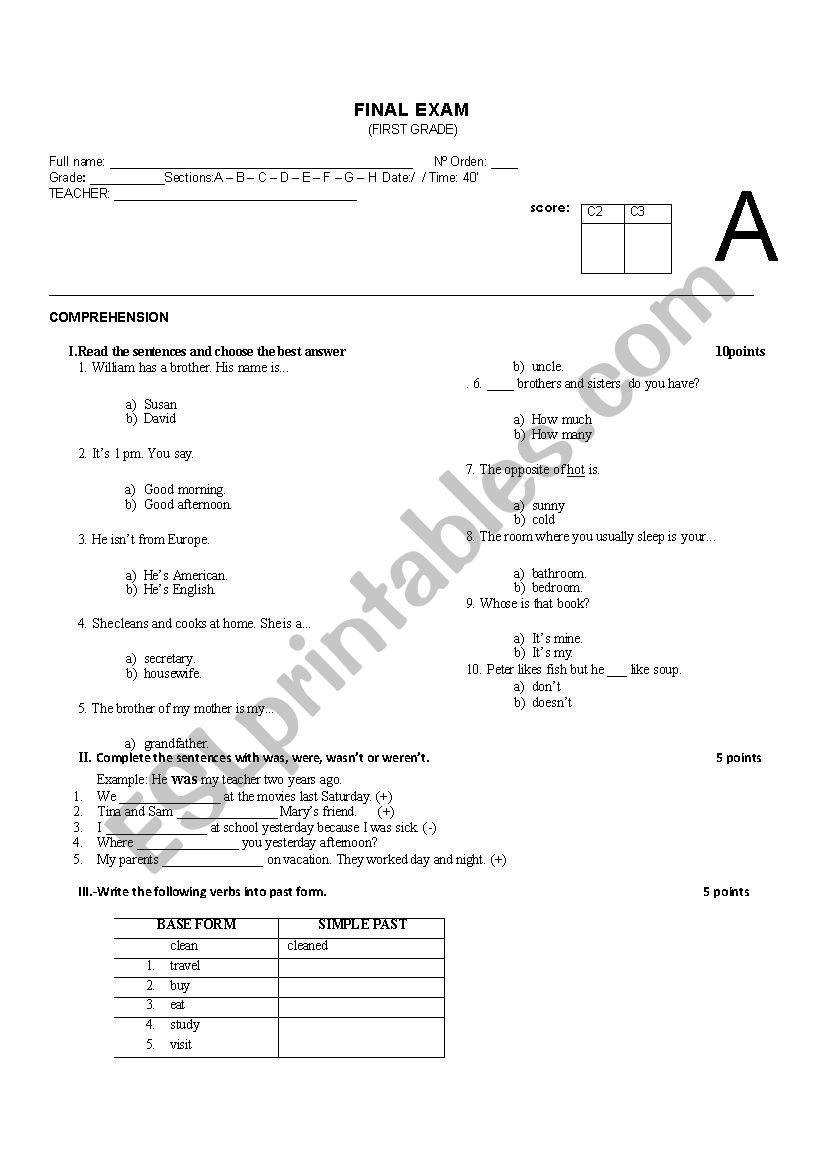 final exam first grade worksheet