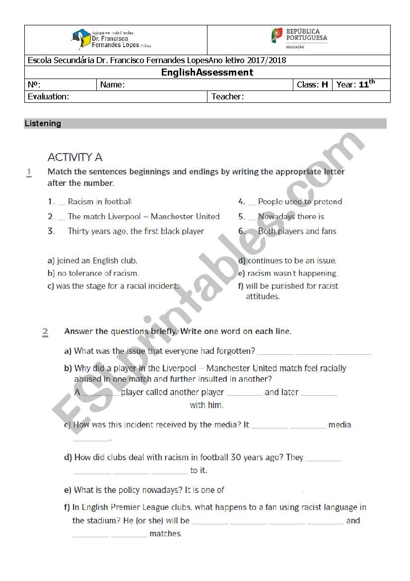 Written test on racism worksheet