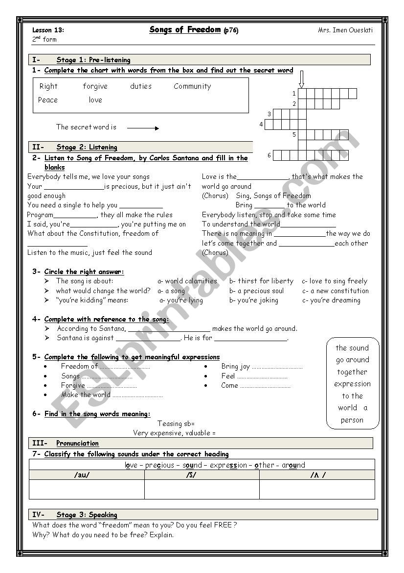 song of freedom worksheet