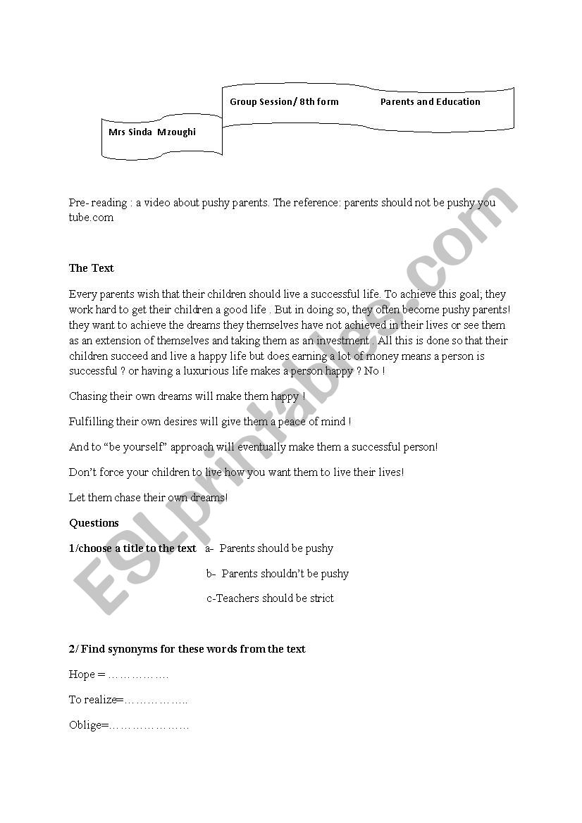 parents and education worksheet