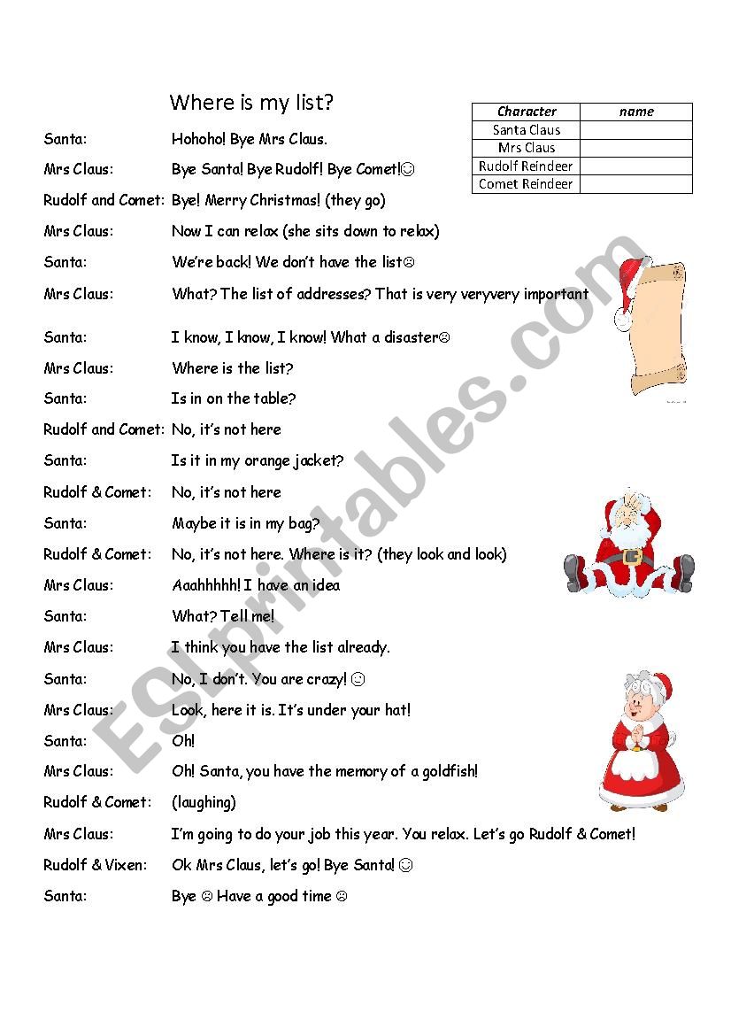 Where is my list? An easy Christmas play-theatre - ESL worksheet by  meljthomson