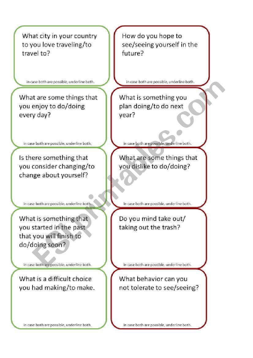 Gerunds and infinitives talking cards