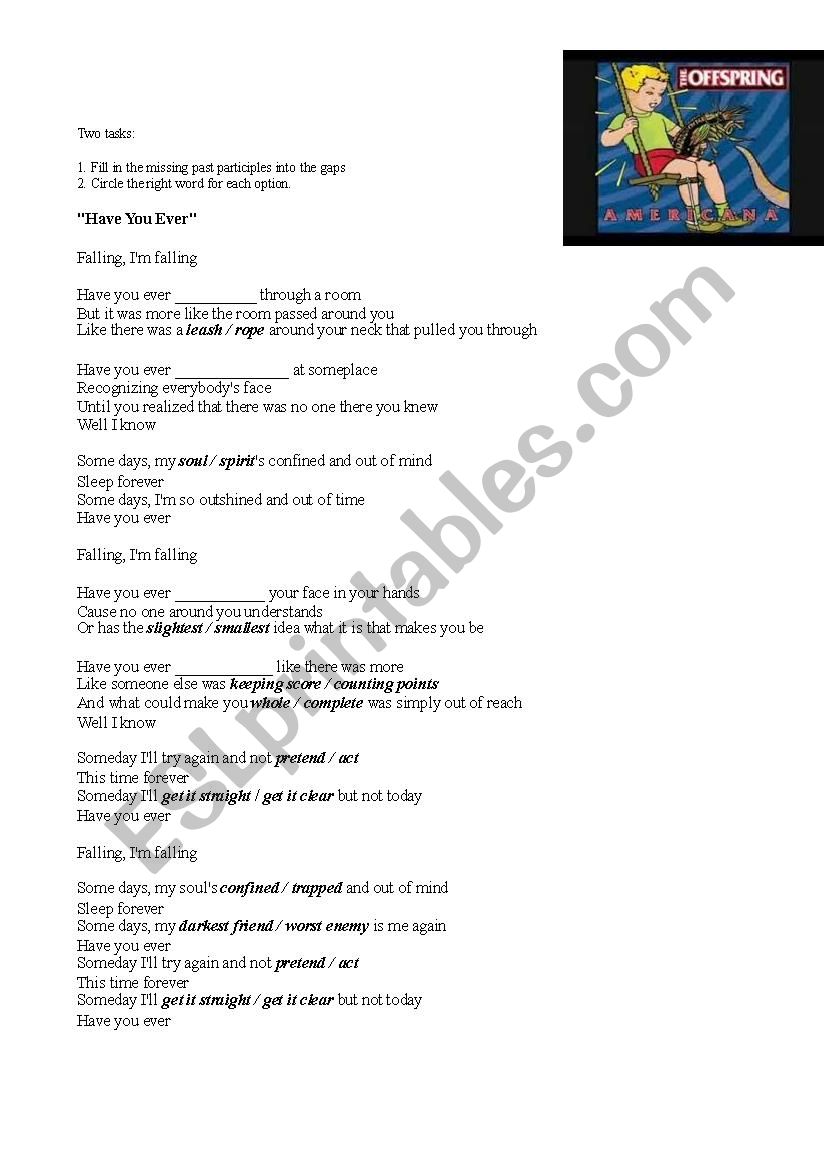 Present Perfect Song   worksheet