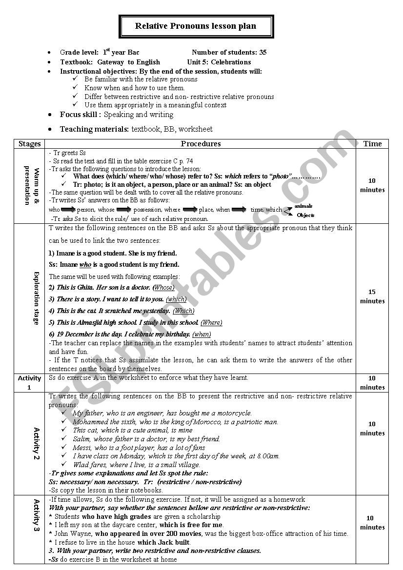 Lesson Plan About Relative Pronouns Esl Worksheet By Hind English