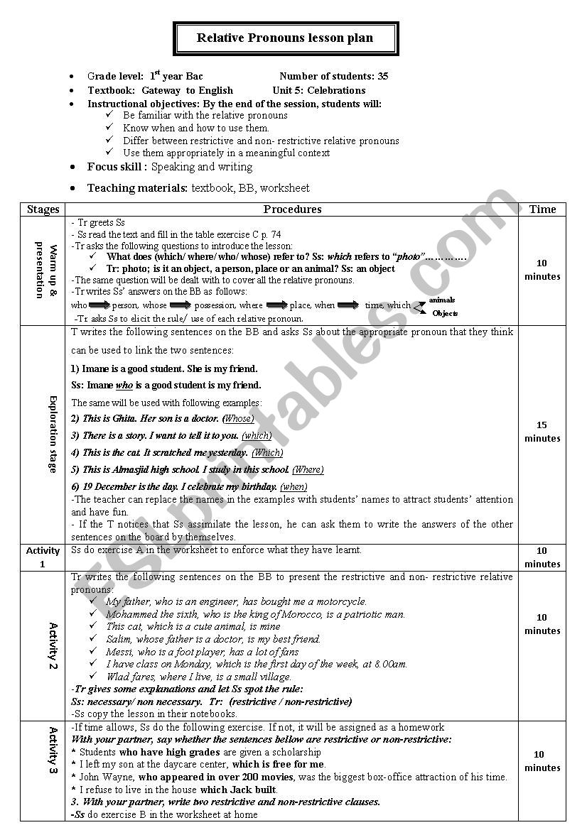 lesson plan about relative pronouns