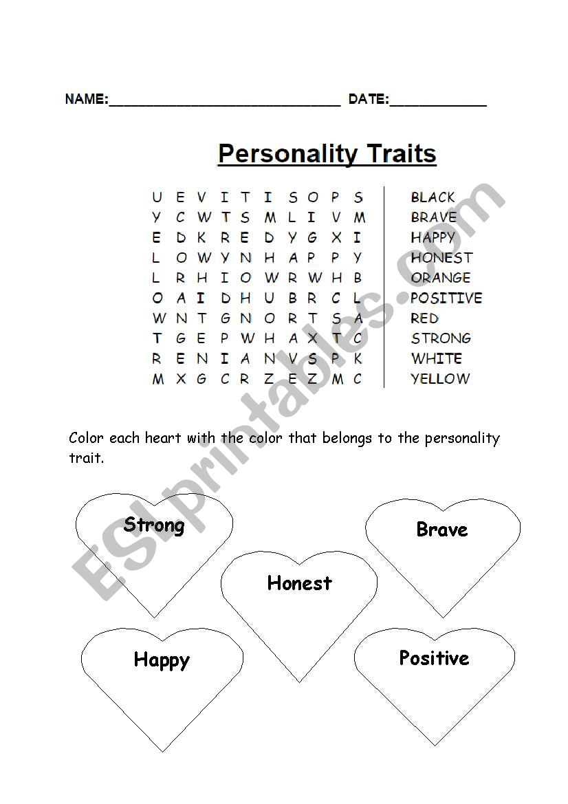 Personalites and Colors worksheet