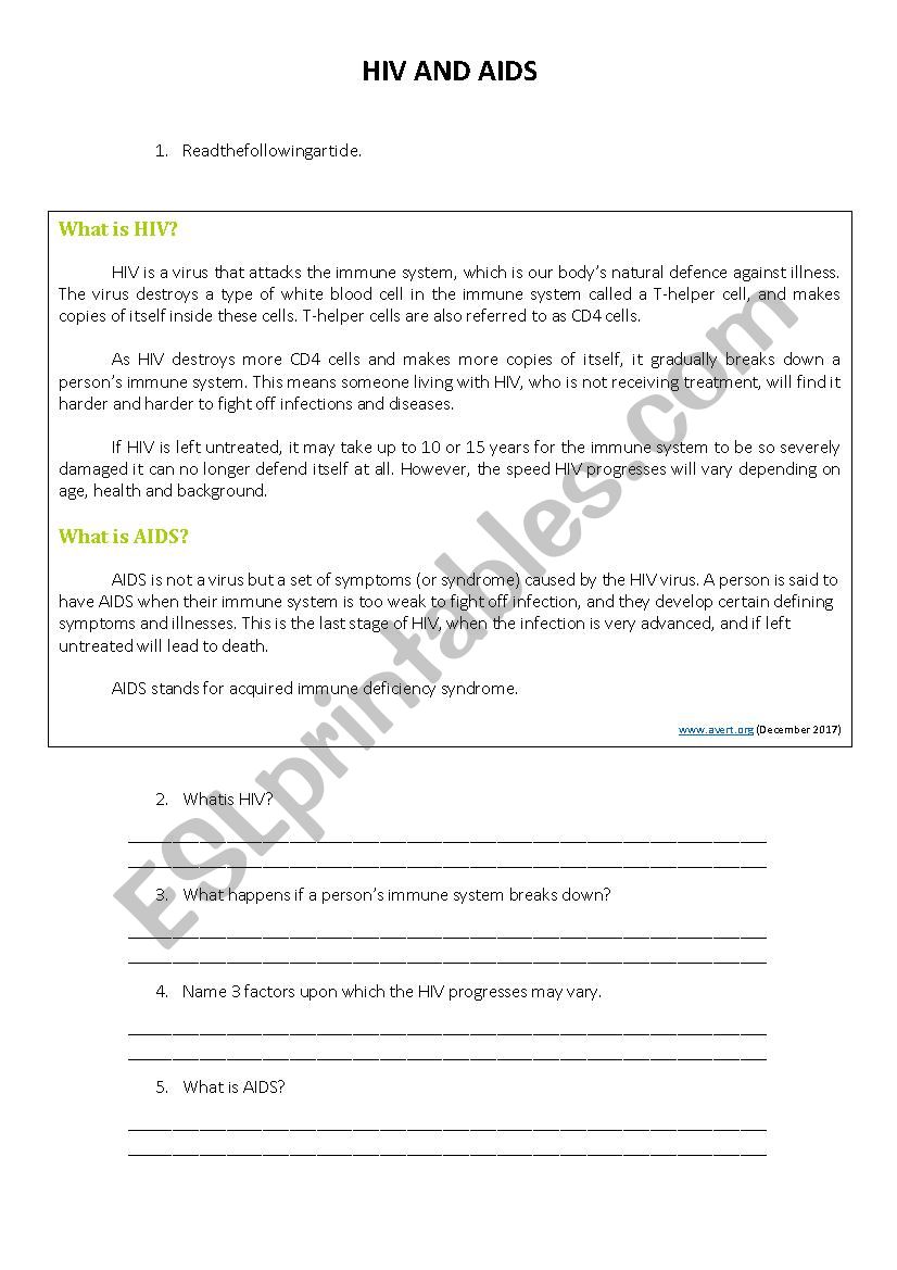 HIV AND AIDS WORKSHEET worksheet