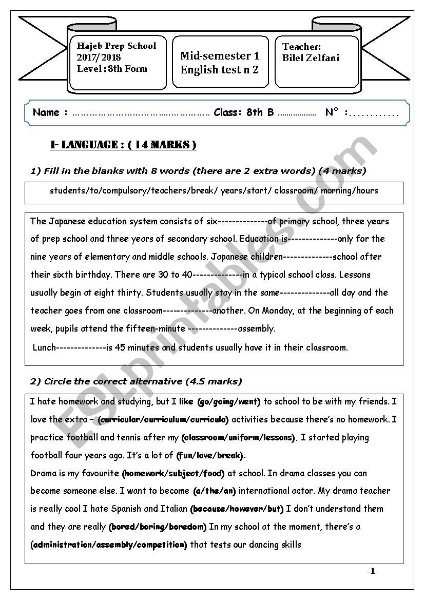 MID SEMESTER ONE TEST N 2 FOR  8 TH GRADE