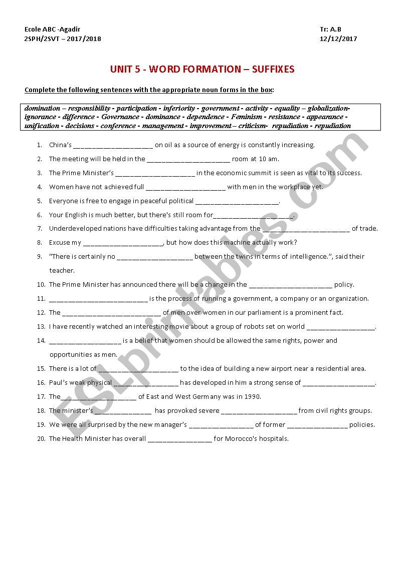 Word formation-Suffixes worksheet