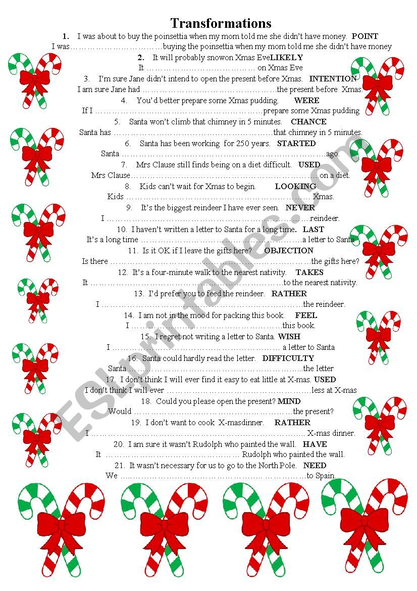 CHRISTMAS TRANSFORMATIONS FCE worksheet