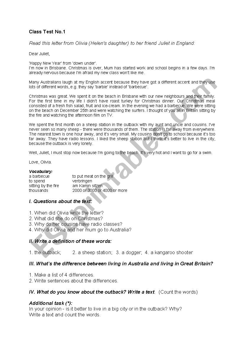 life in Australia worksheet
