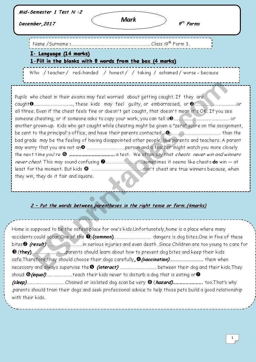 mid-semester 1  test n:2 worksheet