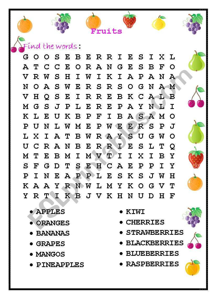 fruit word search worksheet