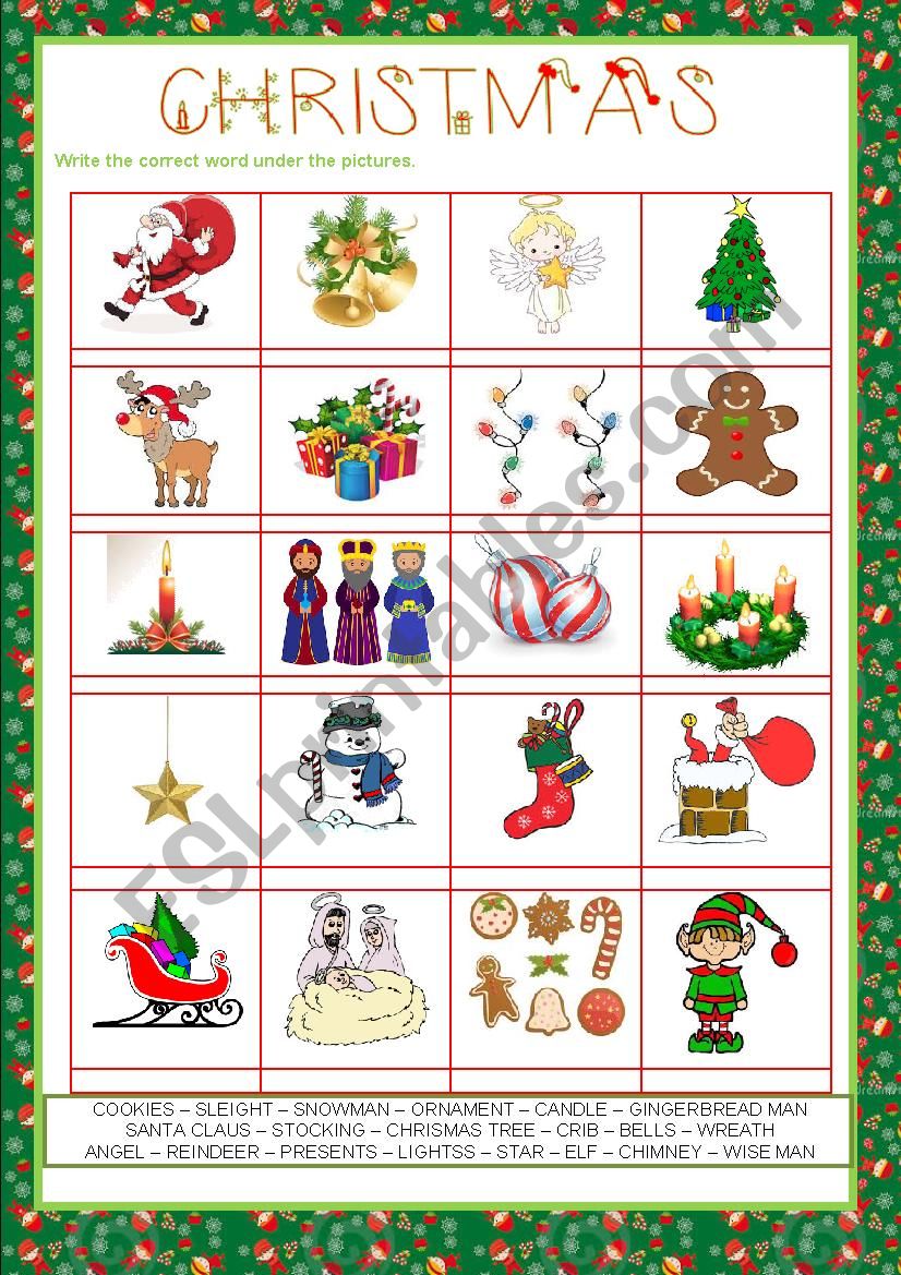 Christmas pictionary worksheet