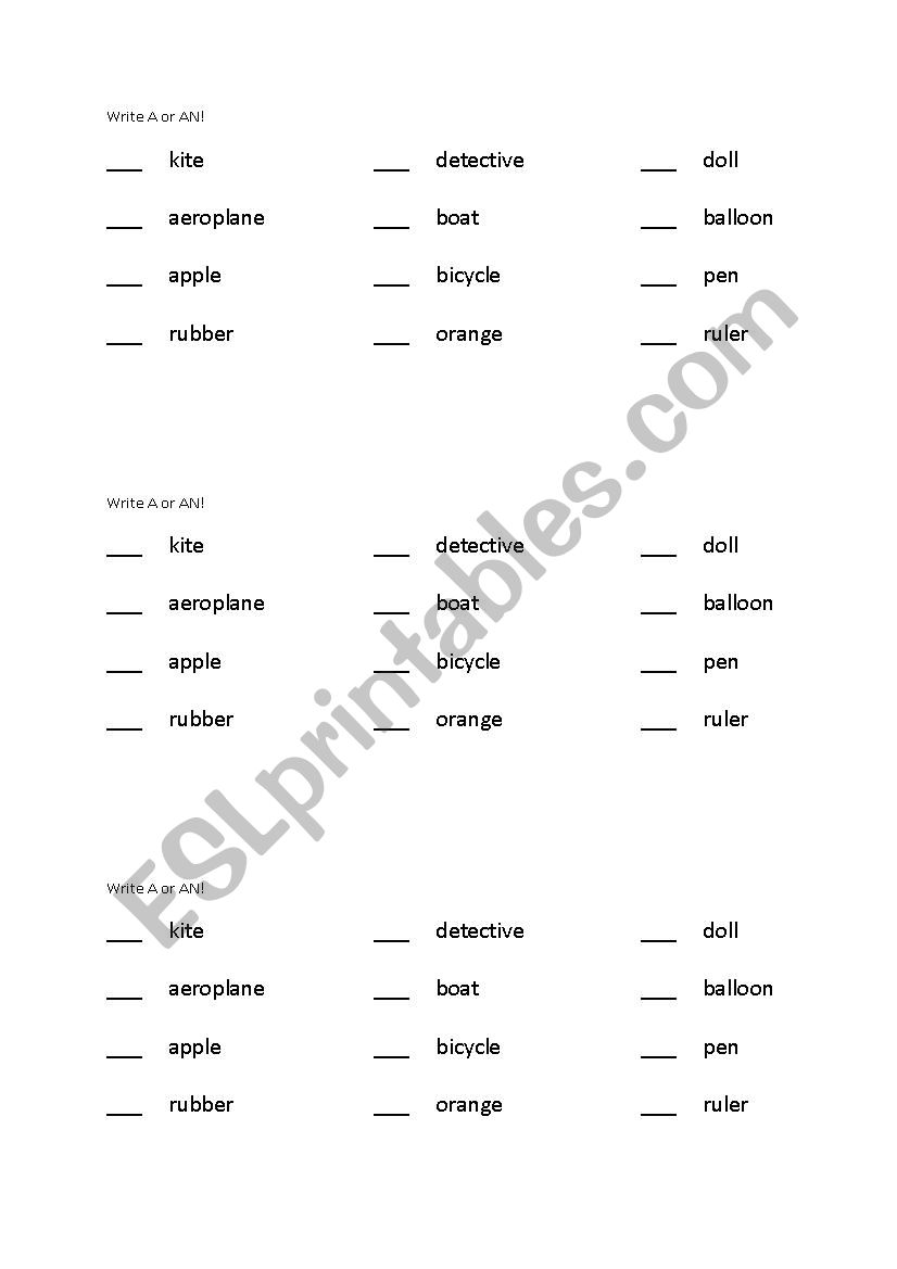 Indefinite articles (A & AN) worksheet