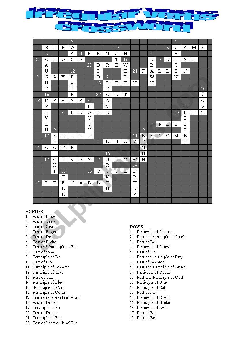 IRREGULAR VERBS CROSSWORD worksheet